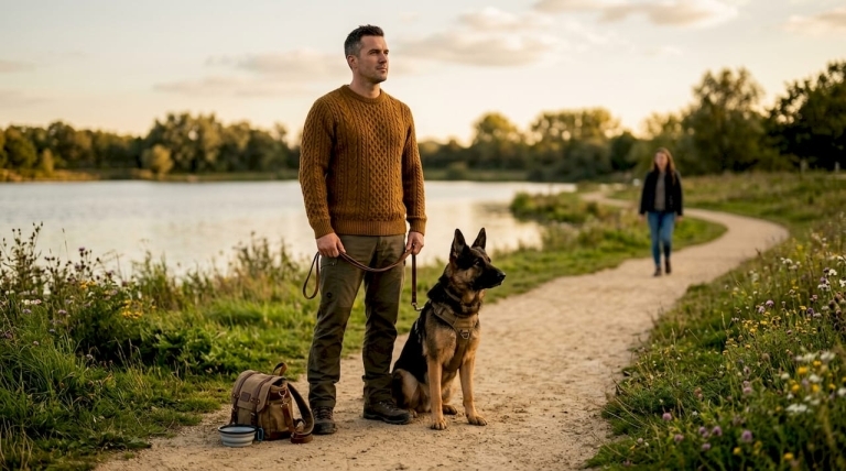 Handler and dog observe simulated threat