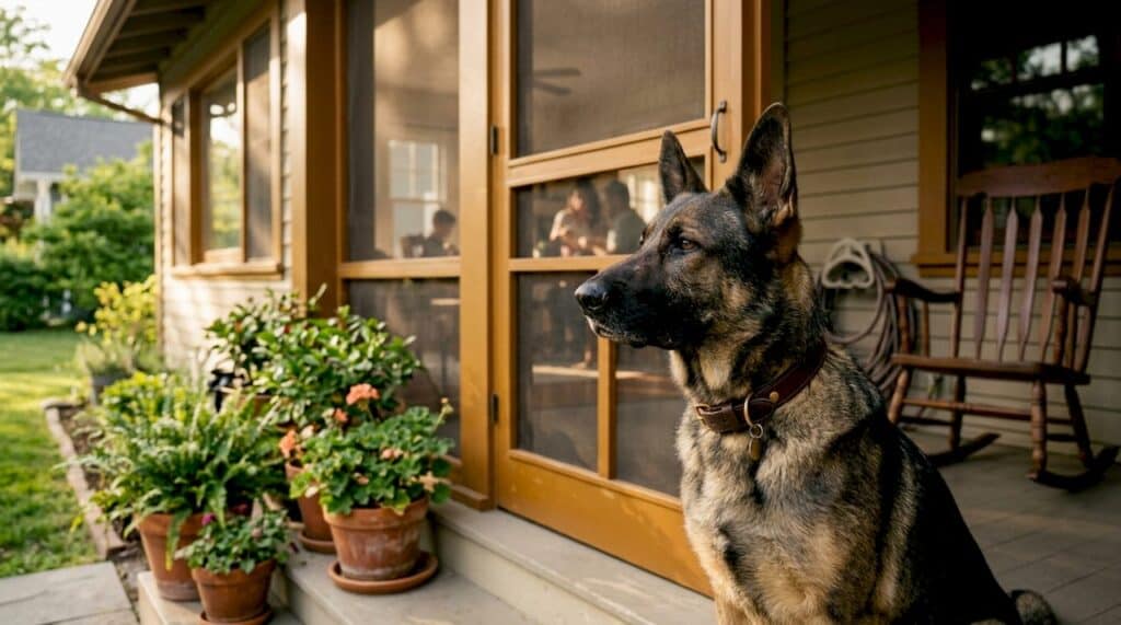 German shepherd alert at home entrance